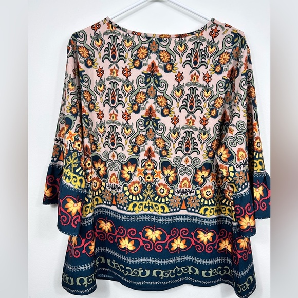 Boho tunic blouse, 14-16, bold pattern, bell sleeves, Flowy Romantic Garden Vibe - Picture 7 of 8